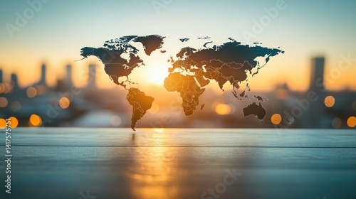World map graphic sunset city skyline