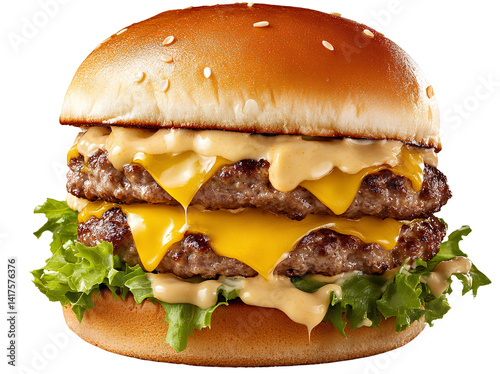 A cheeseburger with double meat, lettuce and tomato on the side of it, transparent background
