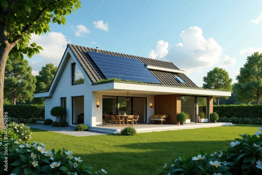 Energy-efficient villa with solar panels and green roof, sustainable living, natural materials Energy-efficient villa with solar panels and green roof, sustainable living, natural materials
