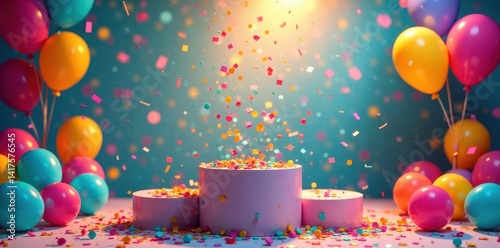 Energetic confetti falls onto a champion podium with colorful balloons and streamers in the background, podium, excitement