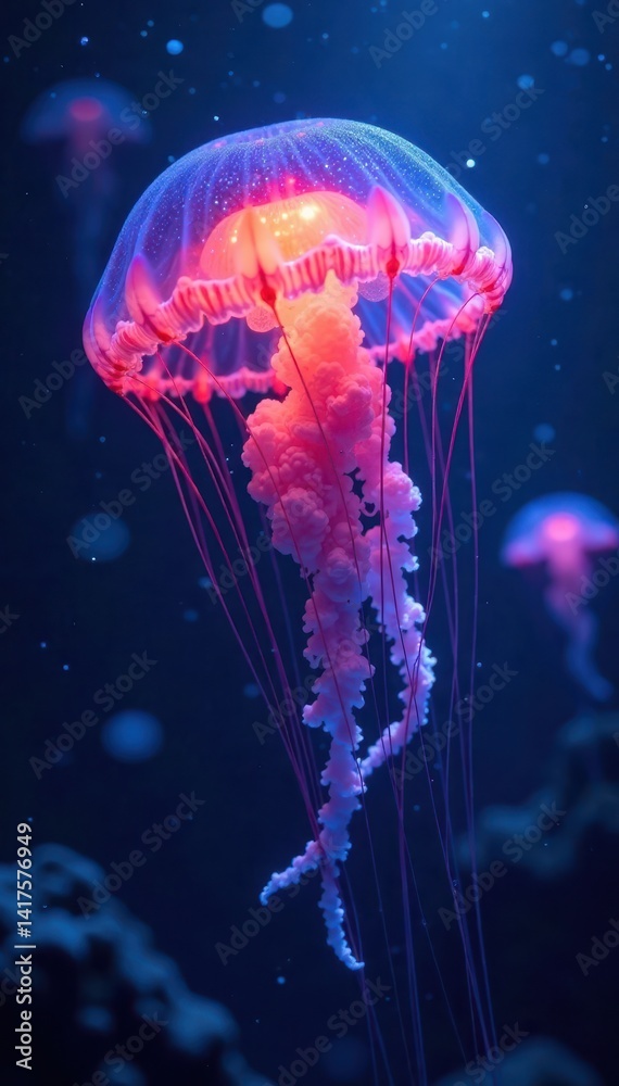 Obraz premium Ethereal glowing jellyfish float in a pixelated ocean , stardust, cosmos