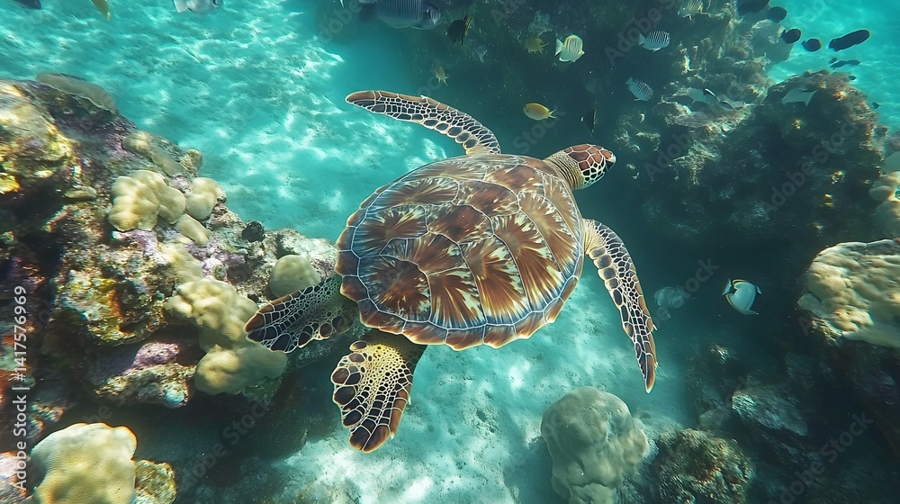 Fototapeta premium A sea turtle swimming over a coral reef with schools of fish