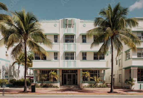 Vintage-style hotel with palm-lined street captures nostalgic travel vibes and architectural beauty in a sunny, coastal setting.
