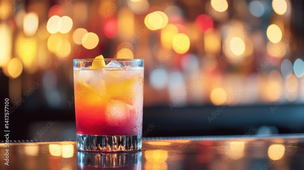 Cocktail with citrus garnish on bar counter, blurred bokeh background Cocktail with citrus garnish on bar counter, blurred bokeh background