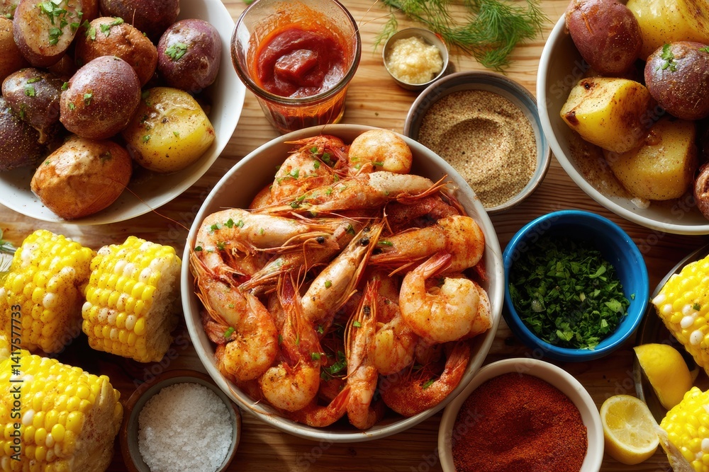 Seafood boil spread with shrimp, potatoes, and corn, overhead