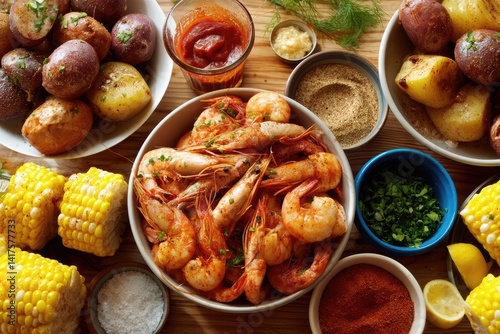 Obraz na płótnie Seafood boil spread with shrimp, potatoes, and corn, overhead w salonie