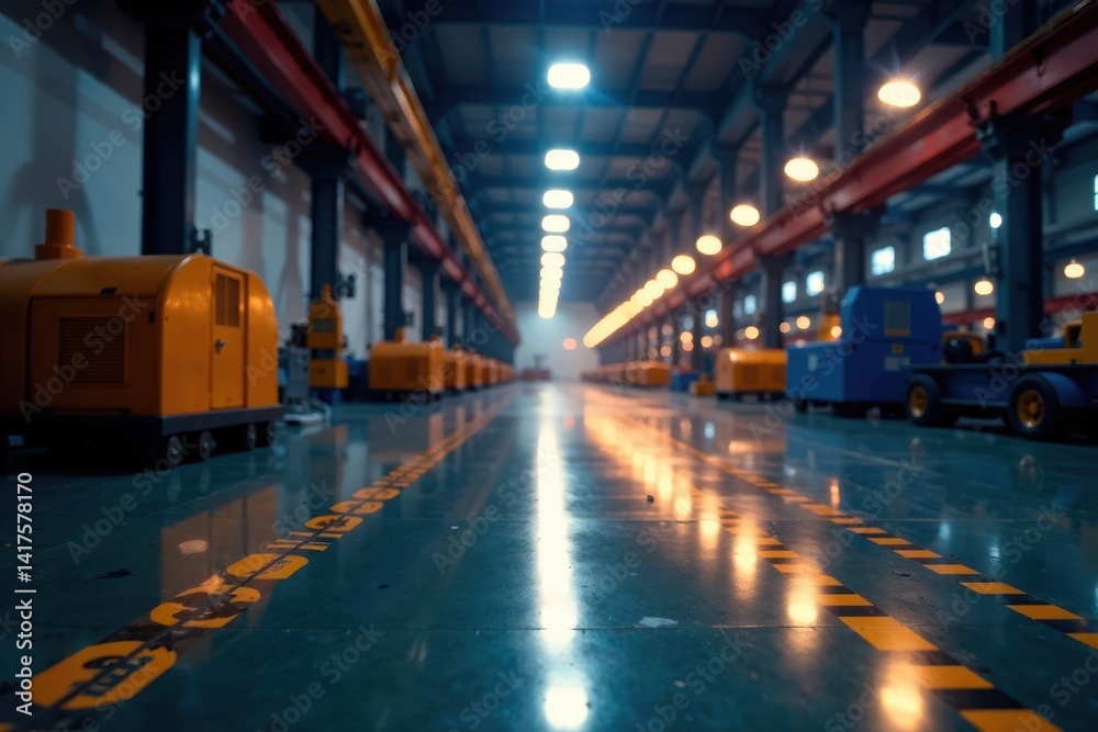 Factory floor under LED lighting with a focus on light beams and industrial equipment, lightingfixtures, workshop Factory floor under LED lighting with a focus on light beams and industrial equipment, lightingfixtures, workshop
