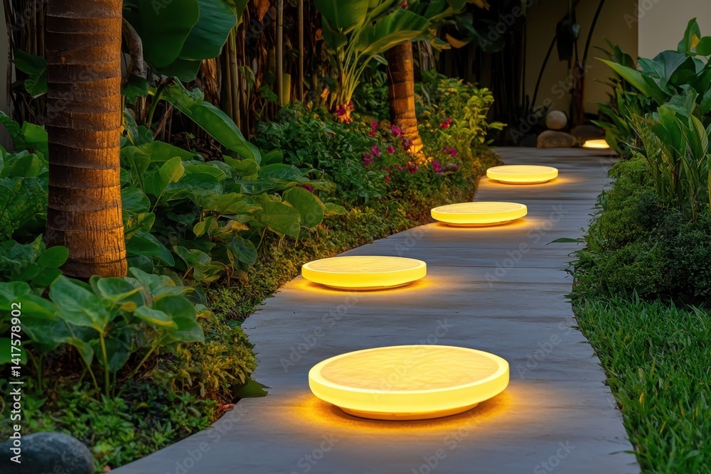 Fototapeta premium Soft yellow light illuminates round pathway lights embedded in a stone walkway, surrounded by lush tropical greenery at dusk