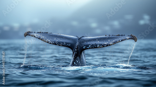 Majestic whale tail gracefully emerging from the serene ocean waters at dawn whale, tail, ocean, water, marine, wildlife, barnacles, dawn, serene, mist, nature, sea, aquatic