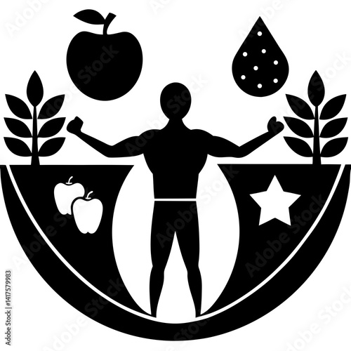 Healthy Lifestyle Illustration With Balanced Diet And Physical Fitness In Black And White