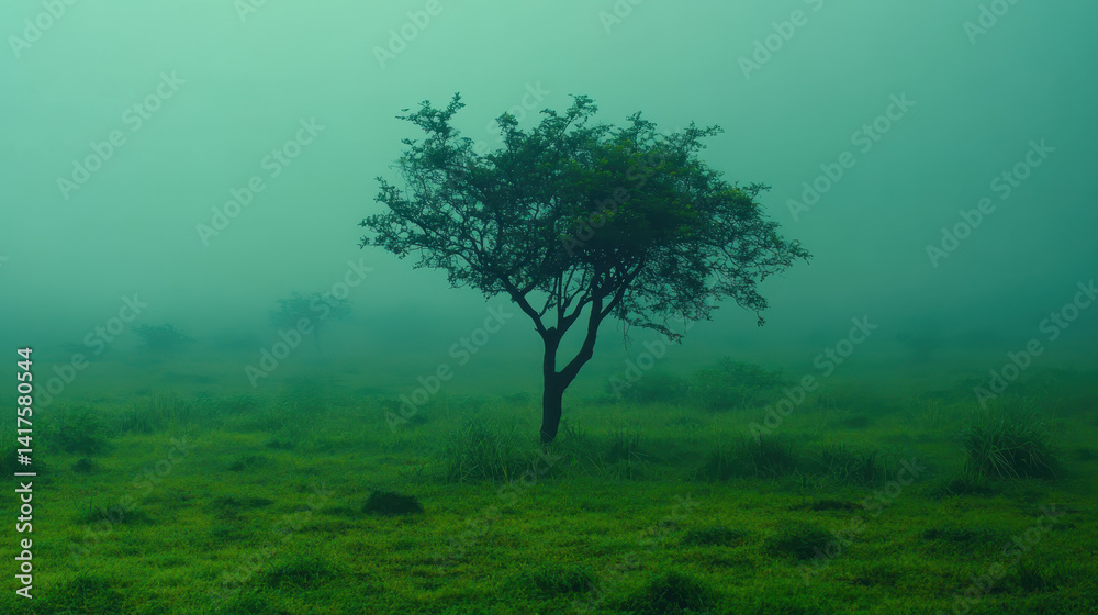 Obraz premium Peaceful solitude of a lone tree in a foggy field reflecting a moment of tranquility in nature's embrace