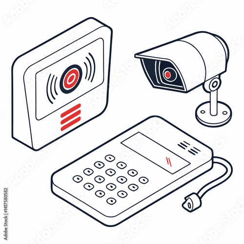 Isometric Home Security System Vector Illustration Featuring Cctv Camera And Keypad