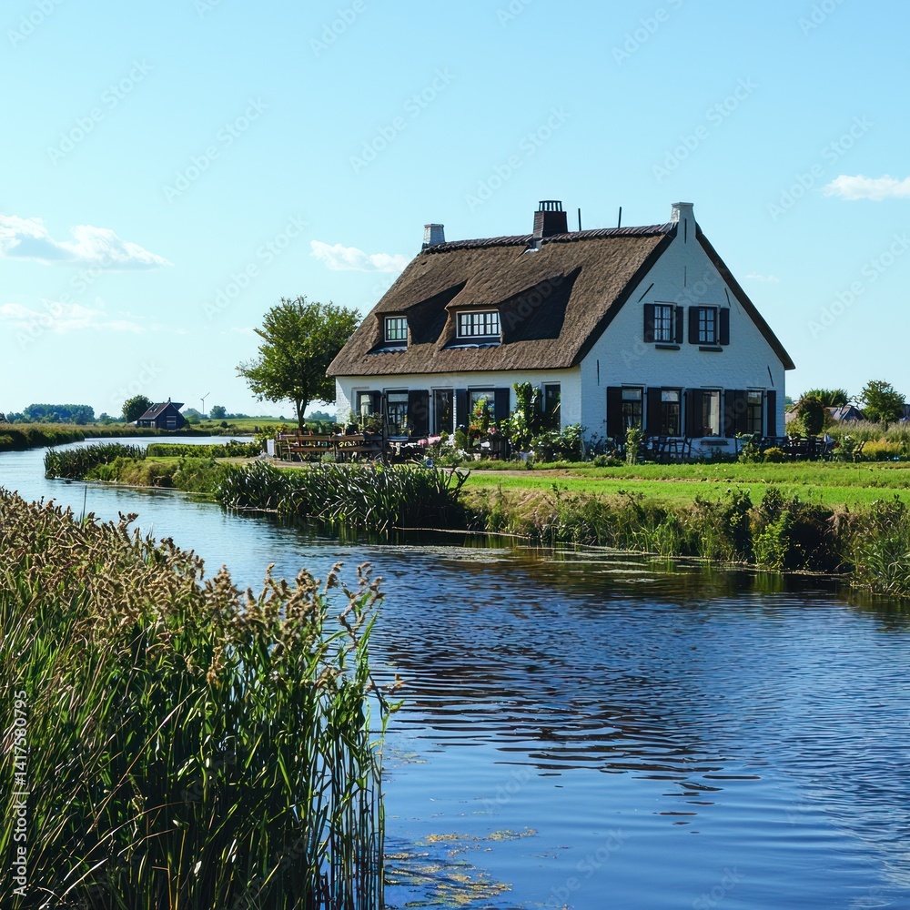 Fototapeta premium Tranquil Dutch Waterside Cottage Scene under a Bright Blue Summer Sky