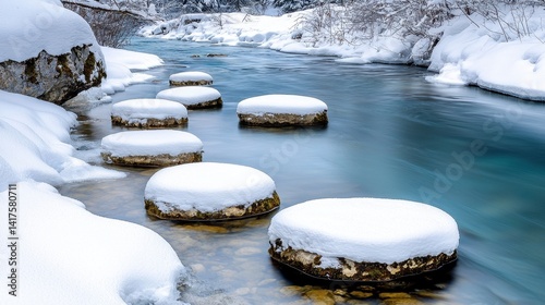 Snow covered stepping stones in a clear, teal river. Winter scene with snowy banks and tranquil atmosphere. Peaceful and serene winter landscape