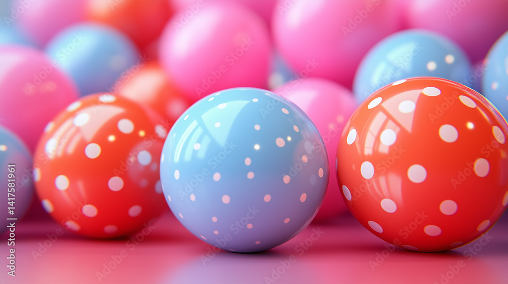 Colorful polka dot balls scattered on a vibrant surface creating a playful atmosphere polka, dots, colorful, balls, playful, blue, red, pink, shiny, surfaces, decorative, party, 