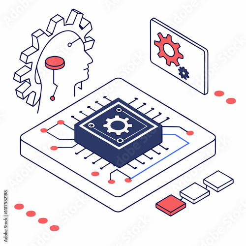 Artificial Intelligence Machine Learning Concept With Gear Brain And Circuitry Isometric View