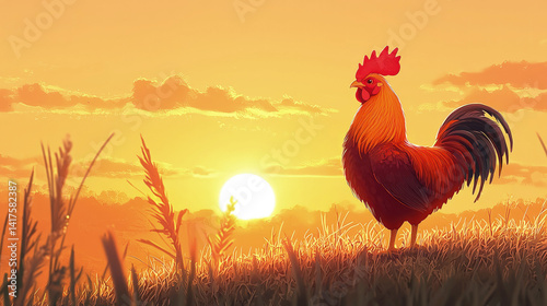 Majestic rooster crowing at sunrise on a grassy hilltop, bathed in golden light, symbolizing morning, nature, and rural life in vibrant illustration style.