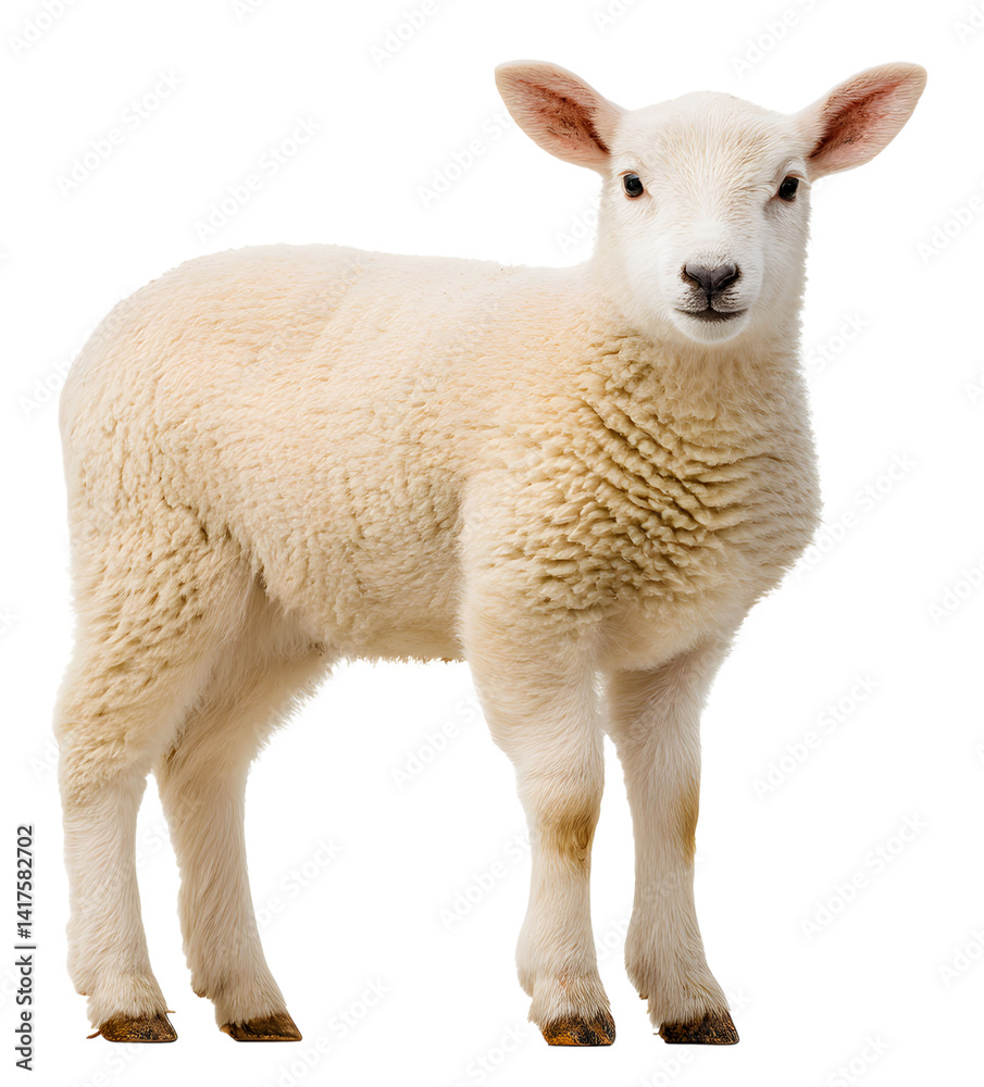 Cute lamb standing proudly on a white background, showcasing its fluffy wool and curious expression in a studio setting Cute lamb standing proudly on a white background, showcasing its fluffy wool and curious expression in a studio setting