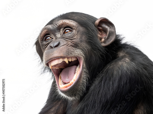 Close up of a cheerful chimpanzee with a wide open mouth