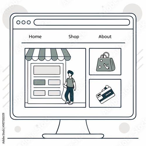 Online Shop Interface With Man Shopping Store Items On Monitor Screen