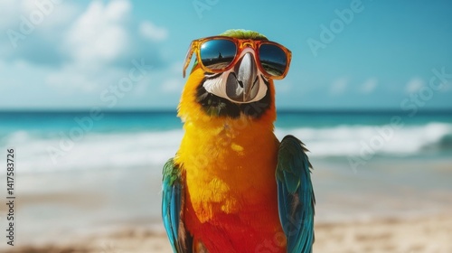 A colorful parrot wearing sunglasses stands on a beach
