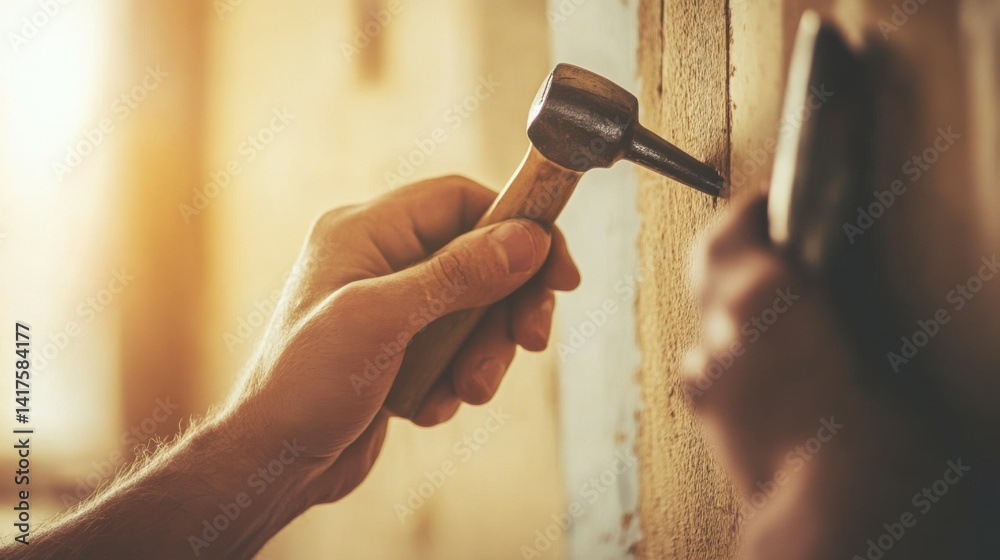 home improvement, repair and people concept - close up of hands hammering nail to wall