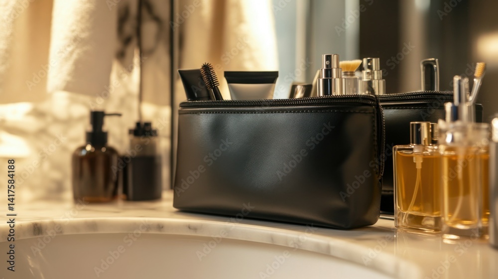 hygiene, beauty and daily routine concept - close up of cosmetic bag with make-up stuff and perfume on mirror shelf in bathroom