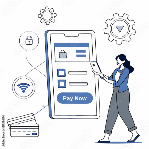 Mobile Payments Illustration Woman Using Smartphone For Secure Online Transaction Process
