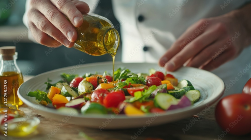 food cooking, profession and people concept - close up of male chef cook dressing plate of vegetable salad with olive oil at restaurant kitchen table