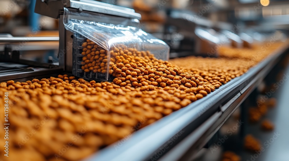 A bustling factory line showcasing the process of packaging roasted nuts, with machinery in action A bustling factory line showcasing the process of packaging roasted nuts, with machinery in action