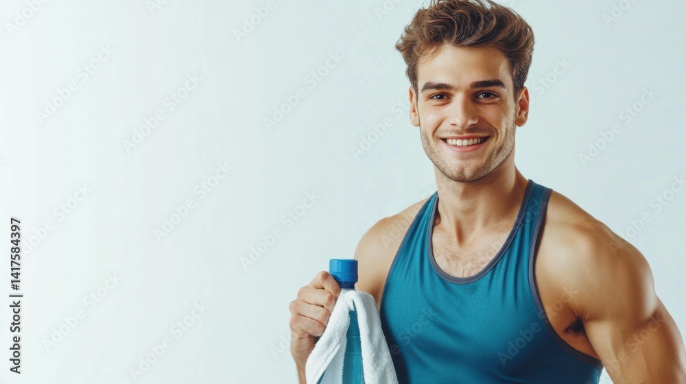 fitness, sport and healthy lifestyle concept - smiling man in sports clothes with bottle and towel over white background