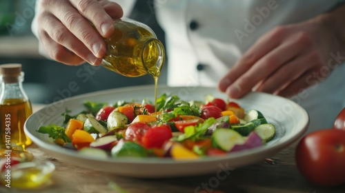 Obraz na płótnie food cooking, profession and people concept - close up of male chef cook dressing plate of vegetable salad with olive oil at restaurant kitchen table w salonie