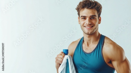 Obraz na płótnie fitness, sport and healthy lifestyle concept - smiling man in sports clothes with bottle and towel over white background w salonie