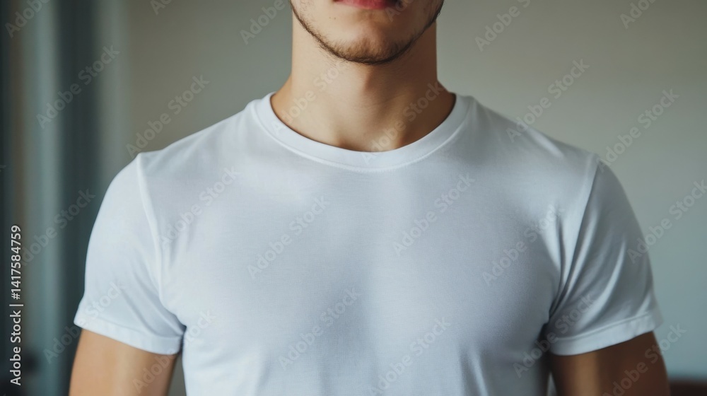 close up of young man in blank white t-shirt