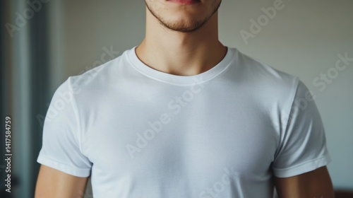 Obraz na płótnie close up of young man in blank white t-shirt w salonie