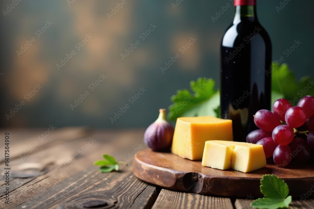Naklejka premium Rustic wooden board, figs, cheese, grapes, wine bottle , board, healthy