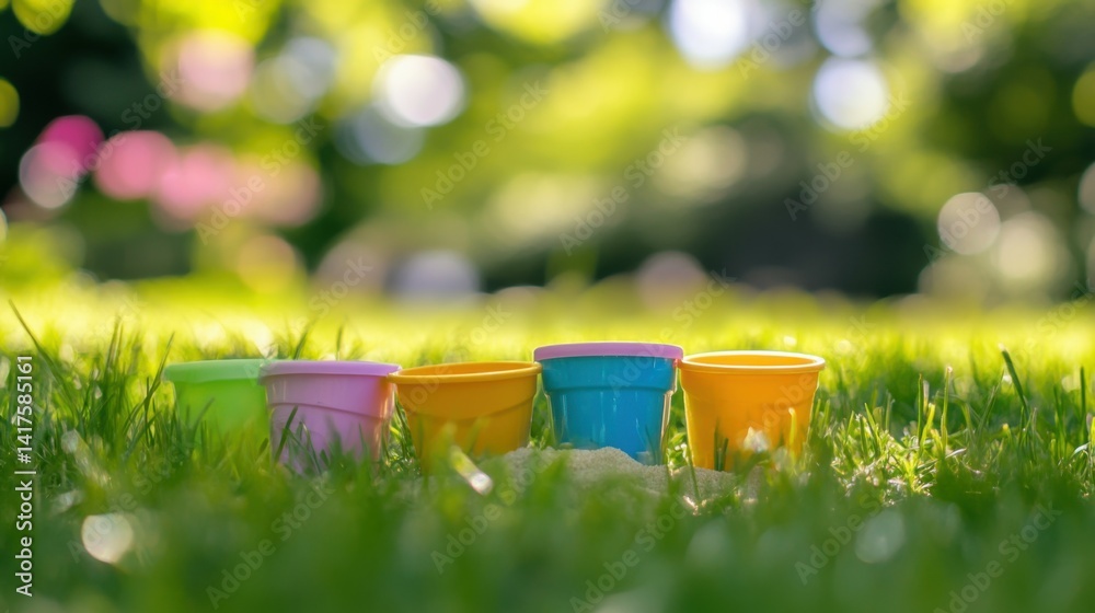 childhood and summer concept - close up of sand toys kit on green lawn or grass