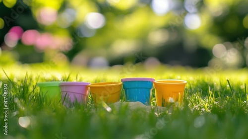 Obraz na płótnie childhood and summer concept - close up of sand toys kit on green lawn or grass w salonie
