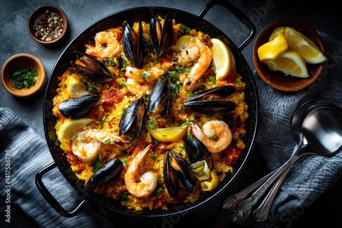 Seafood paella with shrimp, mussels, and saffron rice, top-down