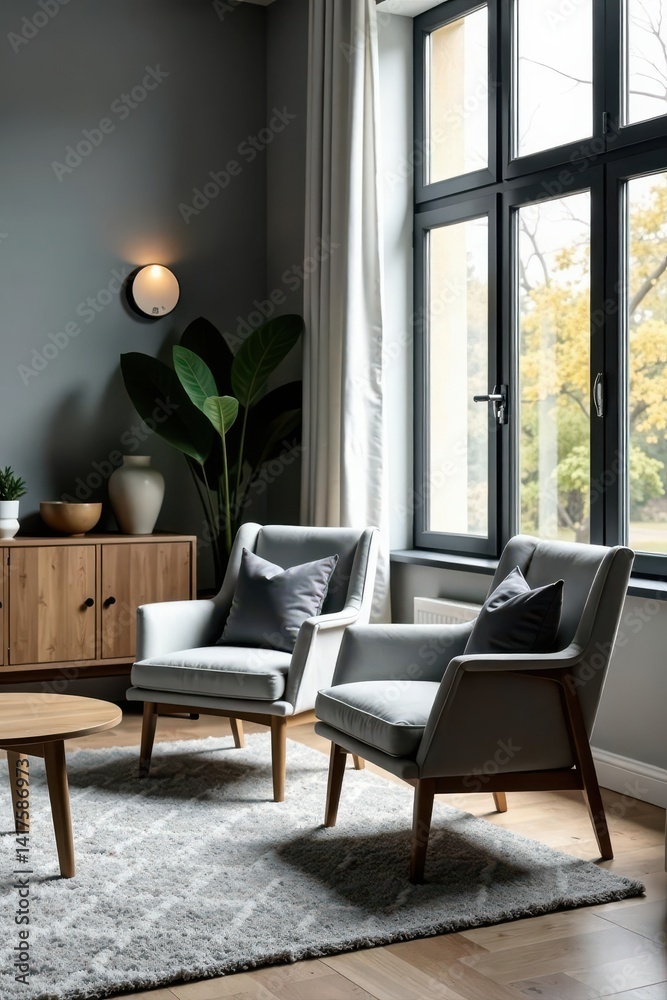 Fototapeta premium Stylish grey living room, armchairs by window, living space, home style