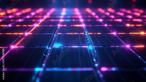 Neon grid pattern abstract art digital realm graphic design futuristic low angle visual innovation