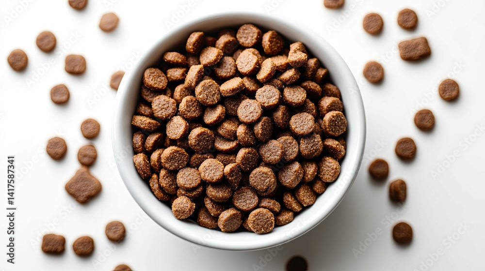Small, round dog food kibble fills a white bowl. Small, round dog food kibble fills a white bowl.