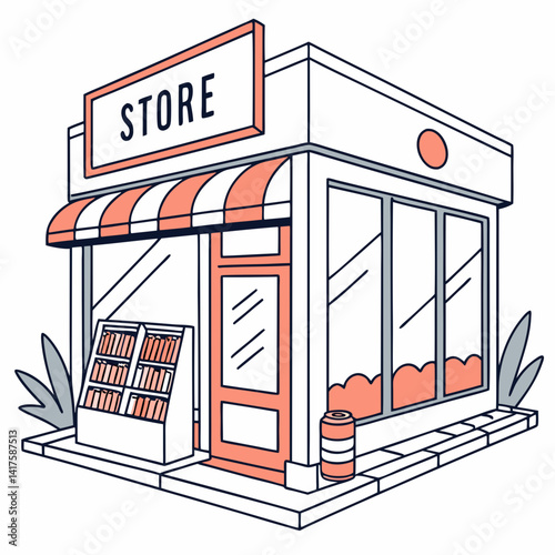 Minimalist Illustration Of A Corner Store With Sign And Merchandise Display