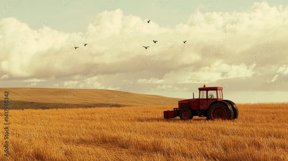 Red Tractor in a Golden Wheat Field Under a Dramatic Sky with Birds Flying in the Background at Dusk Red Tractor in a Golden Wheat Field Under a Dramatic Sky with Birds Flying in the Background at Dusk