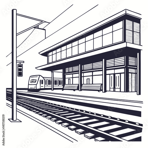 Vector Train Station Illustration With Railway Platform And Modern Train