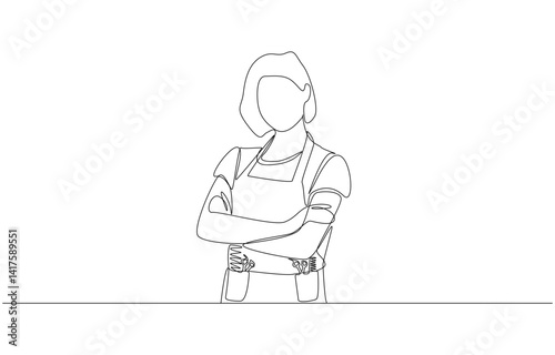 Continuous one line drawing of female barber standing with arms crossed, professional barber or hairstylist concept, single line art