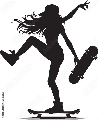 woman clipart silhouette vector, woman on a skateboard, woman on a skateboard illustration