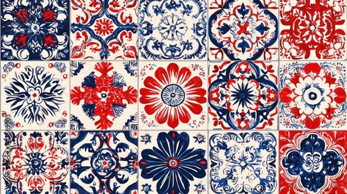 Ornate decorative tiles pattern, red and blue floral design, wall or floor covering, decorative mosaic background