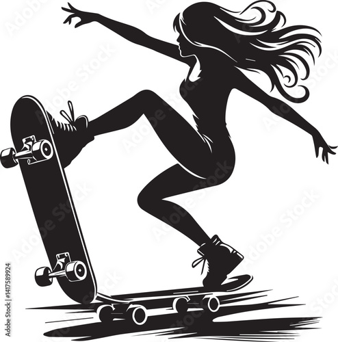 woman clipart silhouette vector, woman on a skateboard, woman on a skateboard illustration