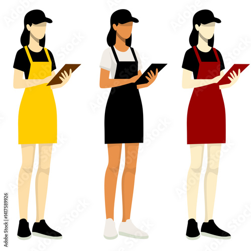 set of delivery service girl vector. fast food restaurant waiter